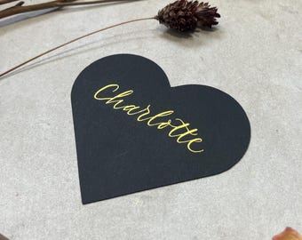 Calligraphy Love Heart Shaped Place Cards With Gold Ink: 15 Colours Available - Weddings & Events