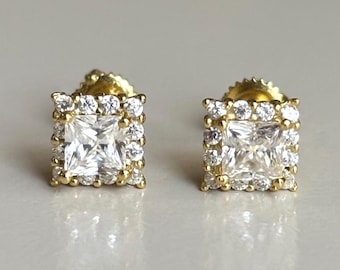 Princess Cut Moissanite Stud Earrings, Dainty Diamond Stud Earrings, Square Halo Moissanite Earrings, Minimalist Diamond Studs, Gift For Her