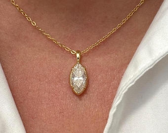 Marquise Moissanite Solitaire Necklace: Dainty Gold Plated Pendant, Delicate Minimalist Bridal Necklace For Her