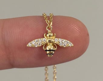 Dainty Bee Necklace With Cubic Zirconia Accent Stones: Gold Vermeil Honeybee Charm Necklace