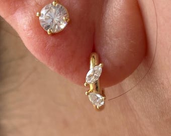 Dainty Marquise and Pear Cut Moissanite Huggie Earrings: Gold Small Hoop Jewelry For Her