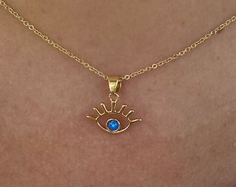 Dainty Blue Evil Eye Necklace, Small Evil Eye Charm Necklace, 14K Gold Plated Evil Eye Necklace, Lab Created Blue Opal Evil Eye Necklace