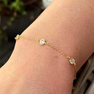 Diamond Bezel Station Bracelet, Gold Bezel Bracelet, Dainty Simulated Diamond Bracelet, Diamond Charm Bracelet, Adjustable, Gift For Her