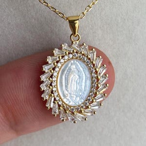 Dainty Double Halo Virgin Mary Necklace, Gold Mary Charm Necklace, Christian Religious Necklace, Mother of Pearl Pendant, Gift For Her