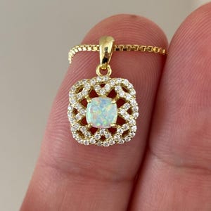 Cushion Cut Opal Charm Necklace: Gold Vermeil Diamond Halo Pendant, Dainty October Birthstone Jewelry