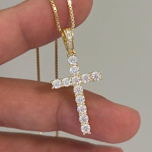 Gold Moissanite Cross Charm & Box Chain, Small Diamond Cross Necklace, Minimalist VVS Moissanite Pendant, Religious Gift, Sparkly Cross