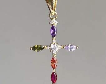 Dainty Multicolor Cross Charm Necklace, Marquise Cut Cross Pendant, Gold Minimalist Necklace, Cross Religious Charm Necklace, Gift For Her
