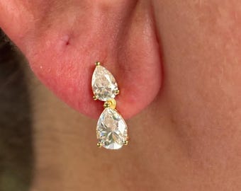 Moissanite Pear Cut Two Stone Drop Earrings: Gold Plated Teardrop Studs For Her
