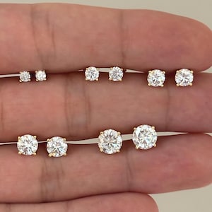 Round Moissanite Solitaire Diamond Stud Earrings: Gold Plated Screw Back Studs, Stacking Jewelry