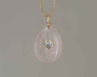 Rose Quartz Teardrop Charm Necklace: Gold Plated Bezel Diamond Accent Jewelry