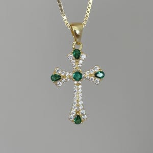Dainty Green Cross Necklace: Pear Cut Emerald Pendant, Gold Religious Charm