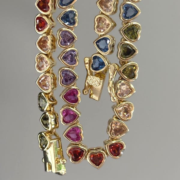 Regenbogen Herz Lünette Tennis Kette, Messing & 14K vergoldet Tennis Halskette, Multicolor Herz Halskette, Geschenk für sie, Gold Stapeln Halskette