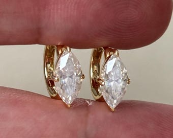 Marquise Moissanite Huggie Earrings: Gold Plated, Small Stacking Hoop Jewelry For Her