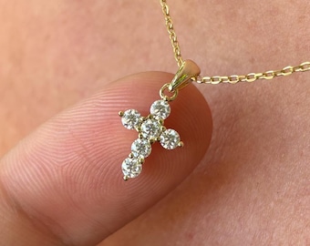 Dainty Moissanite Cross Necklace: 3MM Diamond Alternative Charm, 14K Gold Vermeil Religious Pendant