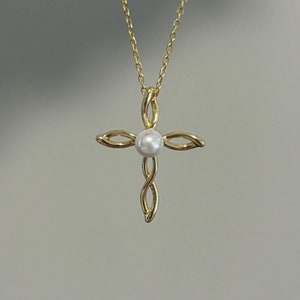 Gold Cross Necklace, Dainty Pearl Cross Necklace, 14K Gold Plated Cross Charm, Minimalist Cross Pendant, Religious Christian Jewelry, Gift