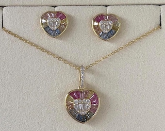 Regenbogen Baguette Herz Halskette und Ohrringe Set: Vergoldeter Brautschmuck