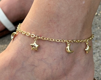 Chunky Gold Filled Moon & Stars Anklet, 18K Gold Filled Anklet, Celestial Anklet, Gold Ankle Bracelet, Multiple Charm Anklet, Gift For Her