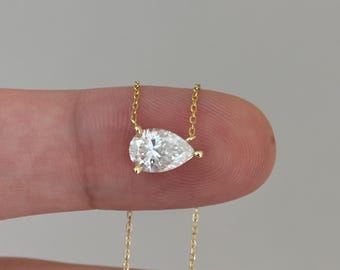 East West Pear Cut Moissanite Necklace: Gold Plated 925 Sterling Silver Diamond Teardrop Pendant