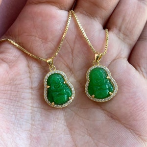 Dainty Jade Buddha Necklace, Genuine Green Jade Buddha Charm, Sterling Silver, 14K Gold Plated, Buddha Pendant, Dainty Pendant, Box Chain