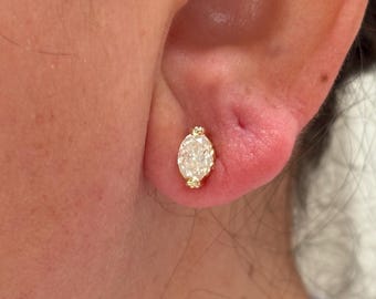 Oval Moissanite Studs with Accent Gemstones: Dainty Gold Plated Stacking Earrings For Her