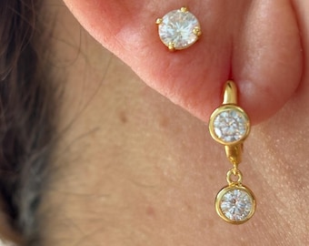 Gold Moissanite Huggie Drop Earrings: Dainty Bezel Set Dangle Hoop Jewelry For Her