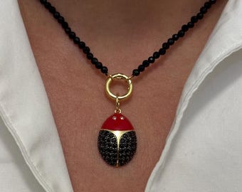 Ladybug Pendant With Black Onyx Beaded Necklace: Gold Charm Whimsical Insect Jewelry, Statement Piece