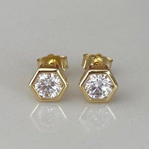 Hexagon Moissanite Bezel Earrings: Gold Vermeil, Minimalist Diamond Studs, Dainty Jewelry For Her