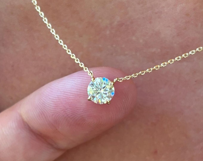 Moissanite Solitaire Diamond Necklace, Gold Solitaire Diamond Pendant, Dainty Moissanite Necklace, Floating Diamond, Single Diamond Necklace