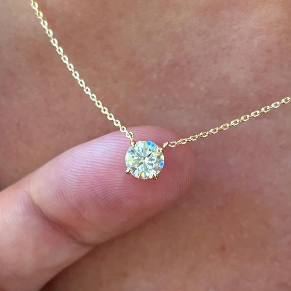 Moissanite Solitaire Diamond Necklace, Gold Solitaire Diamond Pendant, Dainty Moissanite Necklace, Floating Diamond, Single Diamond Necklace