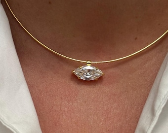 Marquise geslepen solitaire halsketting met slangenketting: gouden minimalistische choker, delicate edelsteen hanger, cadeau voor haar