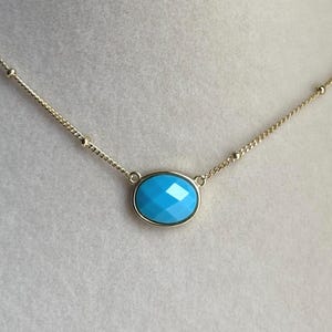 Dainty Gold Turquoise Solitaire Charm Necklace, Minimalist Oval Turquoise Bezel Necklace, Simulated Faceted Turquoise Gemstone, Gift For Her