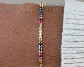 Rainbow Gemstone Hinged Bangle: Gold Plated Brass Multicolor CZ Half Tennis Bracelet Jewelry