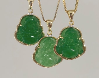 Genuine Green Jade Buddha Necklace, Green Buddha Necklace, 14K Gold Buddha Necklace, Gold Plated, .925 Sterling Silver, Gold Buddha Pendant