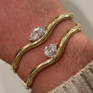 Gold Wavy Hinged Bangle: Marquise & Pear Cut Cubic Zirconia Wave Cuff Bracelet, Stackable Jewelry