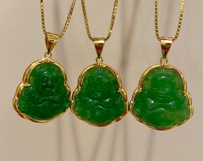 Gold Jade Buddha Necklace, Genuine Jade Buddha Charm, Green Jade Buddha