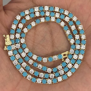 Turquoise & Diamonds Tennis Chain, Brass and 14K Gold Plated Tennis Chain, Blue 3mm Turquoise Tennis Chain, Stacking Necklace, Gift For Her