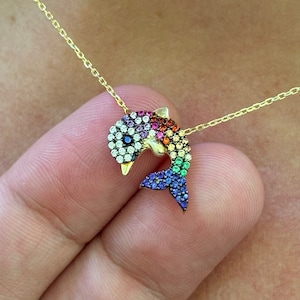 Rainbow Dolphin Charm Necklace, 14K Gold Plated Dolphin Necklace, Dolphin Pendant, Dainty Necklace, Gold Dolphin Necklace, Gift For Her