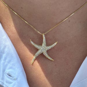 Large Starfish Charm Necklace & Gold Box Chain, Diamond Pave Starfish Pendant, Gold Statement Ocean Necklace, Stacking Sea Necklace, Gift