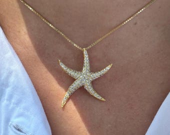 Large Starfish Charm Necklace & Gold Box Chain: Pave Diamond Pendant, Beach Wedding Jewelry