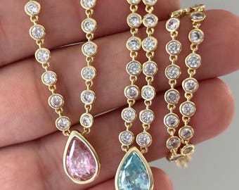 Teardrop Pink & Blue CZ Station Necklace: 14K Gold Plated Pear Cut Bezel Choker