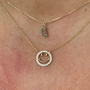 Collar delicado con cara feliz, chapado en oro de 14 quilates, collar con dije de cara feliz, collar con cara sonriente, collar con dije de cara sonriente, collar minimalista
