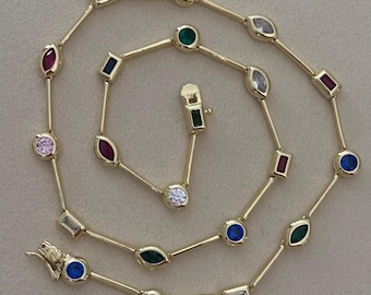 Multicolor Gemstone Station Necklace: Gold Plated Multi Shape Bezel Bar Chain Choker