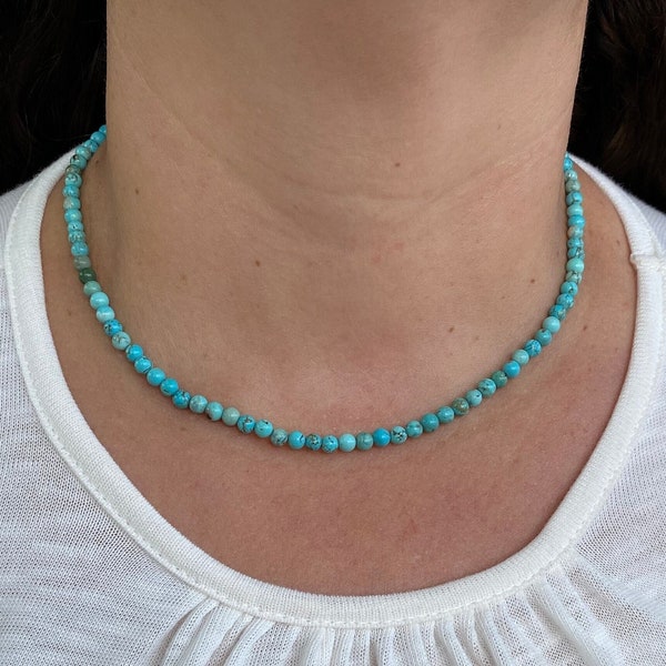 4MM Turquoise Beaded Necklace, Genuine Blue Turquoise Necklace, Beaded Adjustable Necklace, Silver, 18K Gold Filled, Boho Beaded Necklace