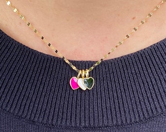 Multicolor Heart Charm Necklace, Pink, White & Black Heart Necklace, .925 Silver, 14K Gold Plated, Dainty Gold Enamel Heart Necklace