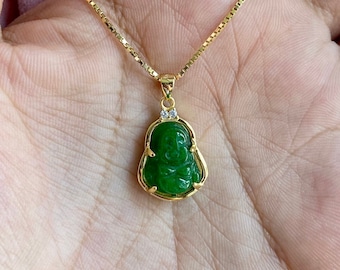 Dainty Jade Buddha Necklace, Tiny Buddha Pendant, Sterling Silver, 14K Gold Plated, Genuine Jade, Green Jade, Small Charm, Dainty Necklace