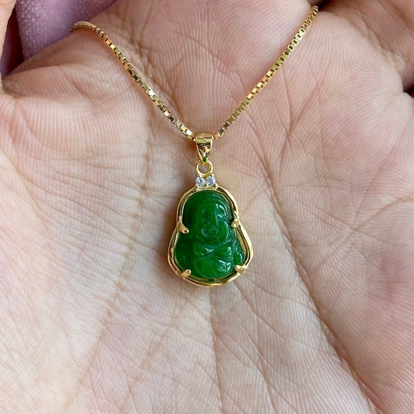 Dainty Jade Buddha Necklace, Tiny Buddha Pendant, Sterling Silver, 14K Gold Plated, Genuine Jade, Green Jade, Small Charm, Dainty Necklace