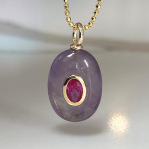 Oval Amethyst Pendant with Bezel Simulated Ruby Gemstone: Gold Vermeil Beaded Chain, Stacking Necklace