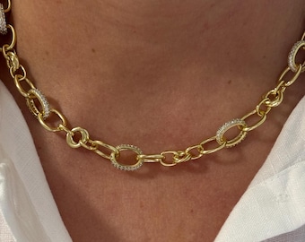 Gold Dicke Gliederkette Halskette: Pave CZ Strukturierte Oval Links, Statement Choker Geschenk