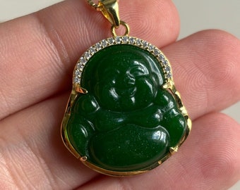 Large Gold Buddha Necklace, 14K Gold Plated Buddha Necklace, Sterling Silver, Genuine Jade Buddha Necklace, Gold Buddha Pendant, Green Jade