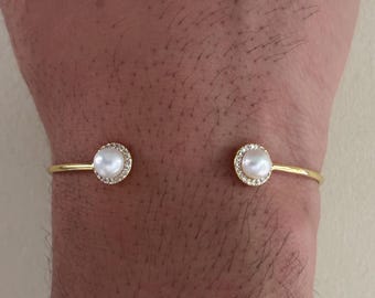 Dainty Freshwater Pearl Cuff Bracelet With CZ Diamond Halo: Gold Plated Open Bangle, Adjustable